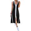 imageCHICME Womens Sleeveless V Neck Color Block Dress with Slit Casual Summer Midi DressesBlack