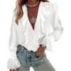 imageCHICME Womens V Neck Button Down Shirt Long Sleeve Chic Blouse Top with Lace Patchwork Ruffle DetailWhite