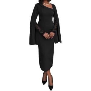 imageCHICME Asymmetrical Foldover Neck Lace Long Sleeve Bodycon Dress for Women Elegant Split Sleeve Cocktail Party DressBlack