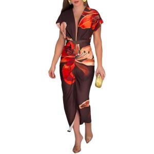 imageCHICME Summer Dresses for Women Floral Print Plunge V Neck Midi Dress Casual Ruched Slit Bodycon Party DressBrown