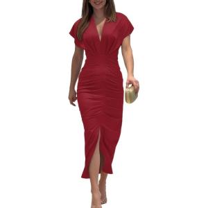 imageCHICME Summer Dresses for Women Floral Print Plunge V Neck Midi Dress Casual Ruched Slit Bodycon Party DressRed