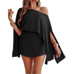imageCHICME Womens 3 Piece Summer Outfits Off Shoulder Batwing Sleeve Tops with Bandeau and Skorts Sets Casual Vacation OutfitBlack