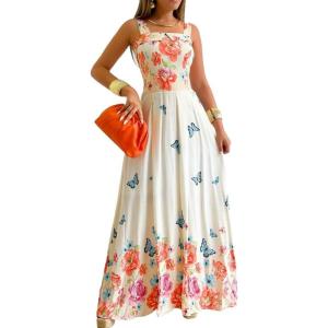 imageCHICME Womens Floral Butterfly Print Maxi Dress Quare Neck Strap Shirred Bodice Flowy A Line Boho Summer Beach Dress