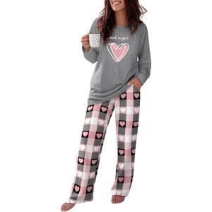 imageCHICME Womens Pajamas Sets 2 Piece Long Sleeve Lounge Set Loose Pants Pj Sets Loungewear with PocketsRheart Grey