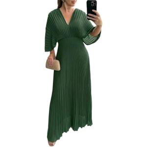 imageCHICME Womens Pleated Maxi Dress V Neck Batwing Sleeve Backless Zipper Back Evening Wedding Guest Dress
