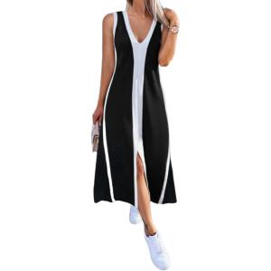 imageCHICME Womens Sleeveless V Neck Color Block Dress with Slit Casual Summer Midi DressesBlack