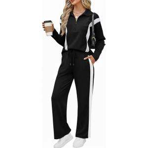 imageCHICME Womens Sweatsuits 2 Piece Outfits Contrast Striped Half Zip Pullover and Drawstring Waist Sweatpants TracksuitAblackwhite