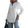 imageCHICME Womens Cotton Button Down Shirt Collared V Neck Long Sleeve Slit Side Long Blouse Top with Curved HemAwhite
