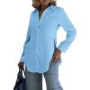 imageCHICME Womens Cotton Button Down Shirt Collared V Neck Long Sleeve Slit Side Long Blouse Top with Curved HemLighted Blue