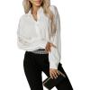 imageCHICME Womens Turn Down Collar Lace Spliced Long Sleeve Button Front Shirt Elegant Split Sleeve Blouse for Casual WearWhite