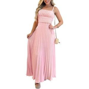 imageCHCIME Maxi Dress for Women French Style Square Neck Adjustable Straps Backless Pleated Vacation DressPink