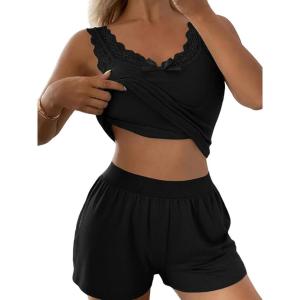 imageCHICME Women 2 Pieces Pajama Set Sleeveless Built In Bra Tank and Shorts Set Lace Trim PJ Sets LoungewearBblack
