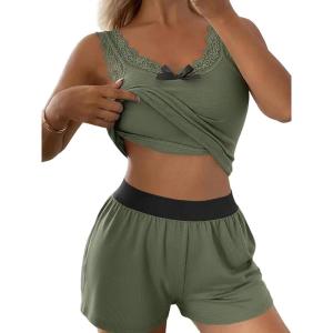 imageCHICME Women 2 Pieces Pajama Set Sleeveless Built In Bra Tank and Shorts Set Lace Trim PJ Sets LoungewearCarmy Green