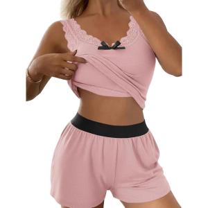 imageCHICME Women 2 Pieces Pajama Set Sleeveless Built In Bra Tank and Shorts Set Lace Trim PJ Sets LoungewearDpink