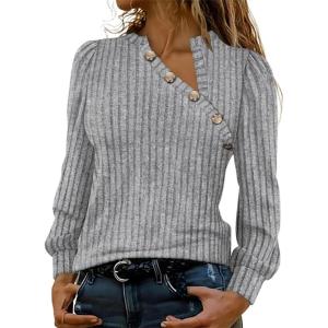 imageCHICME Womens Casual Ribbed Knit Long Sleeve Top 2026 Asymmetric V Neck Blouse with Decorative ButtonsGray