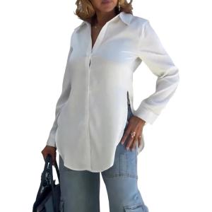 imageCHICME Womens Cotton Button Down Shirt Collared V Neck Long Sleeve Slit Side Long Blouse Top with Curved HemAwhite