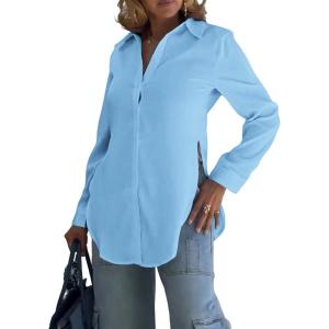 imageCHICME Womens Cotton Button Down Shirt Collared V Neck Long Sleeve Slit Side Long Blouse Top with Curved HemLighted Blue