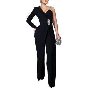 imageCHICME Womens One Piece Jumpsuit Asymmetrical Wide Leg Evening Romper with Crystal Shoulder Strap and WaistBlack