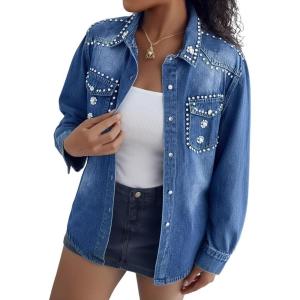 imageCHICME Womens Pearl Rhinestone Embellished Denim Shirt Long Sleeve Button Down Turn Down Collar Casual JeanPearl Rhinestoneblue