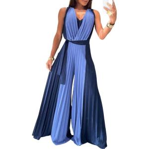 imageCHICME Womens Sleeveless Colorblock Jumpsuit Casual Plunge V Neck Waist Tied Detail Pleated Romper