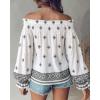 imageCHICME Womens Boho Off The Shoulder Linen Blouse Long Lantern Sleeve Shirred Smocked Neck Frill Hem Vacation Clothes