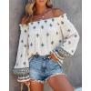 imageCHICME Womens Boho Off The Shoulder Linen Blouse Long Lantern Sleeve Shirred Smocked Neck Frill Hem Vacation Clothes