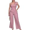 imageCHICME Womens 2 Pieces Outfit One Shoulder Sleeveless 3D Floral Applique Crop Top and High Waist Wide Leg Pants SetPink
