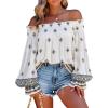 imageCHICME Womens Boho Off The Shoulder Linen Blouse Long Lantern Sleeve Shirred Smocked Neck Frill Hem Vacation Clothes