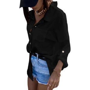 imageCHICME Button Down Shirts for Women Long Sleeve Blouse Loose Fit Casual Blouse Work Shirt with Pocket Fall TopBlack