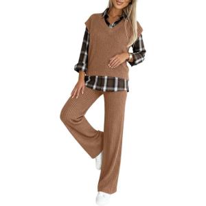imageCHICME Womens 2 Piece Outfits Plaid Spliced Turndown Ribbed Long Sleeve Faux TwoPiece Top and Elastic Waist Pants SetAbrown