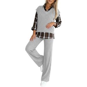 imageCHICME Womens 2 Piece Outfits Plaid Spliced Turndown Ribbed Long Sleeve Faux TwoPiece Top and Elastic Waist Pants SetGray