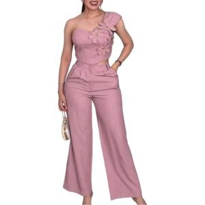 imageCHICME Womens 2 Pieces Outfit One Shoulder Sleeveless 3D Floral Applique Crop Top and High Waist Wide Leg Pants SetPink