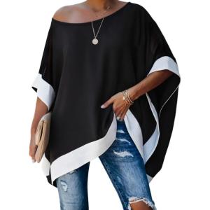 imageCHICME Womens Batwing Short Sleeve Off The Shoulder Blouse Color Block Loose Casual Work Tunic TopsBlack