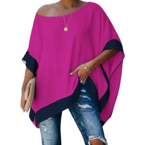 imageCHICME Womens Batwing Short Sleeve Off The Shoulder Blouse Color Block Loose Casual Work Tunic TopsHot Pink
