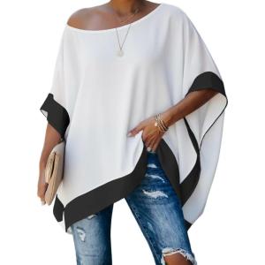 imageCHICME Womens Batwing Short Sleeve Off The Shoulder Blouse Color Block Loose Casual Work Tunic TopsWhite