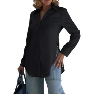 imageCHICME Womens Cotton Button Down Shirt Collared V Neck Long Sleeve Slit Side Long Blouse Top with Curved HemBlack