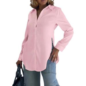 imageCHICME Womens Cotton Button Down Shirt Collared V Neck Long Sleeve Slit Side Long Blouse Top with Curved HemPink
