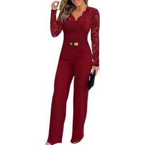 imageCHICME Womens Dressy Lace Jumpsuit Casual Fall Long Sleeve VNeck Straight Leg OverallsWine Red