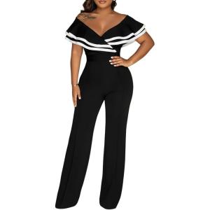 imageCHICME Womens Sexy Off Shoulder Jumpsuits V Neck Ruffle Wide Leg Cocktail Evening One Piece JumpsuitsBlack
