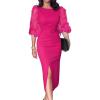 imageCHICME Bodycon Midi Dress for Women Mesh Puff Sleeve Slit Work Cocktail Wedding Dresses with BeltAhot Pink