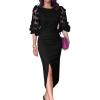 imageCHICME Bodycon Midi Dress for Women Mesh Puff Sleeve Slit Work Cocktail Wedding Dresses with BeltBlack