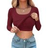 imageCHICME Womens Fall Long Sleeve Square Neck T Shirts with Builtin Shelf Bra Ribbed Knit Slim Fit Casual Basic TopsRed