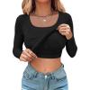 imageCHICME Womens Fall Long Sleeve Square Neck T Shirts with Builtin Shelf Bra Ribbed Knit Slim Fit Casual Basic TopsSolidblack