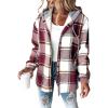 imageCHICME Womens Lightweight Casual Jacket Plaid Long Sleeve Shacket Fleece Lined Hooded Jackets Warm CoatRed