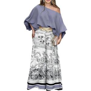 imageCHICME Women Summer 2 Piece Outfits Off Shoulder Lantern Sleeve Top Flowy Wide Leg Pants SetGray