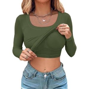 imageCHICME Womens Fall Long Sleeve Square Neck T Shirts with Builtin Shelf Bra Ribbed Knit Slim Fit Casual Basic TopsArmy Green