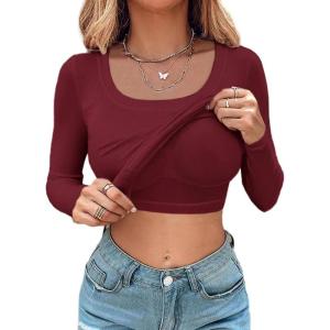 imageCHICME Womens Fall Long Sleeve Square Neck T Shirts with Builtin Shelf Bra Ribbed Knit Slim Fit Casual Basic TopsRed