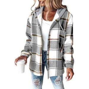 imageCHICME Womens Lightweight Casual Jacket Plaid Long Sleeve Shacket Fleece Lined Hooded Jackets Warm CoatBgray