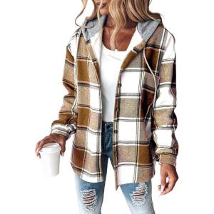 imageCHICME Womens Lightweight Casual Jacket Plaid Long Sleeve Shacket Fleece Lined Hooded Jackets Warm CoatKhaki