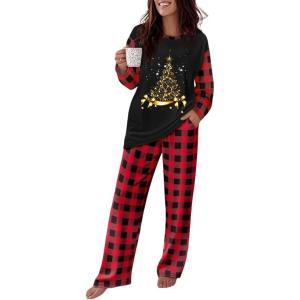 imageCHICME Womens Pajamas Sets 2 Piece Long Sleeve Lounge Set Loose Pants Pj Sets Loungewear with PocketsSchristmas Tree Black